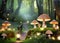 Enchanted forest with mushrooms and fairy lanterns