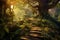 Enchanted Forest Path: captivating panorama of an enchanted forest, with a winding path enveloped in lush foliage