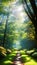 Enchanted Forest Path with Sunlight Peeking Through Foliage