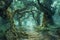 Enchanted Forest Pathway with Mystical Twisted Trees and Ethereal Greenery in a Fantasy Landscape