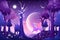 enchanted forest with purple sky and stars, shining moon and magical creatures