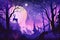 enchanted forest with purple sky and stars, shining moon and magical creatures