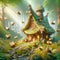 Enchanted forest scene with whimsical bee house. Funny bees in a vibrant, floral landscape. Concept of fantasy nature