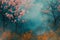 Enchanted forest scenery with blooming trees and misty ambience, perfect for wallpapers and backgrounds. dreamy nature