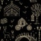 Enchanted forest. Seamless pattern with vintage gate, lantern, carriage, bridge, tree, chest, cage, mirror, deer.
