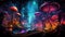 An enchanted forest in a technicolor dreamscape, with glowing mushrooms and shimmering fireflies night by AI generated