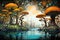 Enchanted fungi: a surreal landscape with orange mushrooms, generative ai