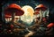 Enchanted Fungi: A Vibrant Cartoon Fantasy of Red Mushrooms in a