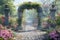 Enchanted garden archway with flowering blooms