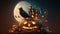 Enchanted Halloween Scene: Crow Creature Perched on Glowing Pumpkin with Spooky Castle and Moon in Background