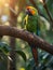 Enchanted Haven A Magical Forest Awakens with a Colorful Parrot Perched in Golden Sunlight