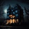 Enchanted Midnight: Creepy Manor Amidst a Dark Knight. Created using Ai