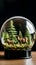 Enchanted Miniature: Deer in Glass Globe Amidst Ferns on Dark Background