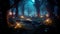 Enchanted Night Mystical Magical Forest with Glowing Lights. created with Generative AI