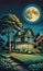 Enchanted Night: A Tree in a Garden, Moonlit Sky, and a House on the Horizon