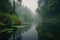 Enchanted Oasis hidden lake in the midst of a foggy forest surrounded by vibrant greenery