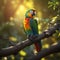 Enchanted Oasis A Vibrant Magical Forest with a Colorful Parrot Perched Amidst the Golden Glow