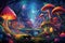 Enchanted Rainbow Forest: magical panorama of a whimsical forest, where vibrant rainbows arch across the sky