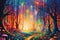 Enchanted Rainbow Forest: magical panorama of a whimsical forest, where vibrant rainbows arch across the sky