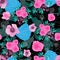 Enchanted Rose-Flowers in Bloom seamless repeat pattern Background in blue,green,pink,white black