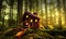 Enchanted small wooden hut in a forest on a mossy area at sunset,made with generative ai