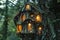 Enchanted treehouse with illuminated windows nestled in a tree