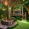 An enchanted treehouse playroom with rope bridges, fairy lights, and tree stump seating1