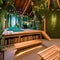 An enchanted treehouse playroom with rope bridges, fairy lights, and tree stump seating2