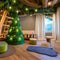 An enchanted treehouse playroom with rope bridges, fairy lights, and tree stump seating3