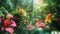 Enchanted Tropical Forest Scene with Lush Greenery and Vibrant Flowers