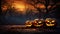 Enchanted Twilight Spooky Forest Sunset with Haunted Jack O\\\' Lanterns\\\' Glowing Eyes and Wooden Bench