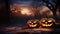 Enchanted Twilight Spooky Forest Sunset with Haunted Jack O\\\' Lanterns\\\' Glowing Eyes and Wooden Bench on Scary