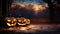 Enchanted Twilight Spooky Forest Sunset with Haunted Jack O\\\' Lanterns\\\' Glowing Eyes and Wooden Bench on Scary