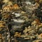 Enchanted village scenery depicted in a black and brown wallpaper (tiled