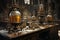 Enchanting Alchemists Laboratory. Bubbling Peach, Rose, and Coral Concoctions in Glass Vials