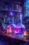 Enchanting Alchemy Laboratory with Magical Potions and Elixirs Illuminated by Mysterious Light, Fantasy Potion Making Concept