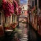 Enchanting Alleyway in Venice with Colorful Flowers, Leading to a Secluded Canal