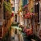 Enchanting Alleyway in Venice with Colorful Flowers, Leading to a Secluded Canal