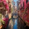 Enchanting Alleyway in Venice with Colorful Flowers, Leading to a Secluded Canal