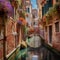 Enchanting Alleyway in Venice with Colorful Flowers, Leading to a Secluded Canal