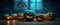 Enchanting Array of Mysterious Halloween Pumpkins in the Midnight Blue Darkness AI generated