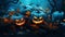 Enchanting Array of Mysterious Halloween Pumpkins in the Midnight Blue Darkness AI generated