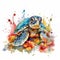 Enchanting Baby Sea Turtle in a Colorful Flower Field for Art Prints.