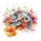 Enchanting Baby Sea Turtle in a Colorful Flower Field for Art Prints.