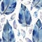 Enchanting Blue Feather and Leaf Watercolor Seamless Pattern.