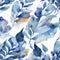 Enchanting Blue Feather and Leaf Watercolor Seamless Pattern.