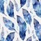 Enchanting Blue Feather and Leaf Watercolor Seamless Pattern.