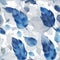 Enchanting Blue Feather and Leaf Watercolor Seamless Pattern.