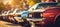 Enchanting blurred bokeh effect panoramic shot of bustling car show with blurred crowd in background