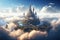 An enchanting castle effortlessly floats in the air, encircled by wisps of ethereal clouds, A floating city above the clouds, AI